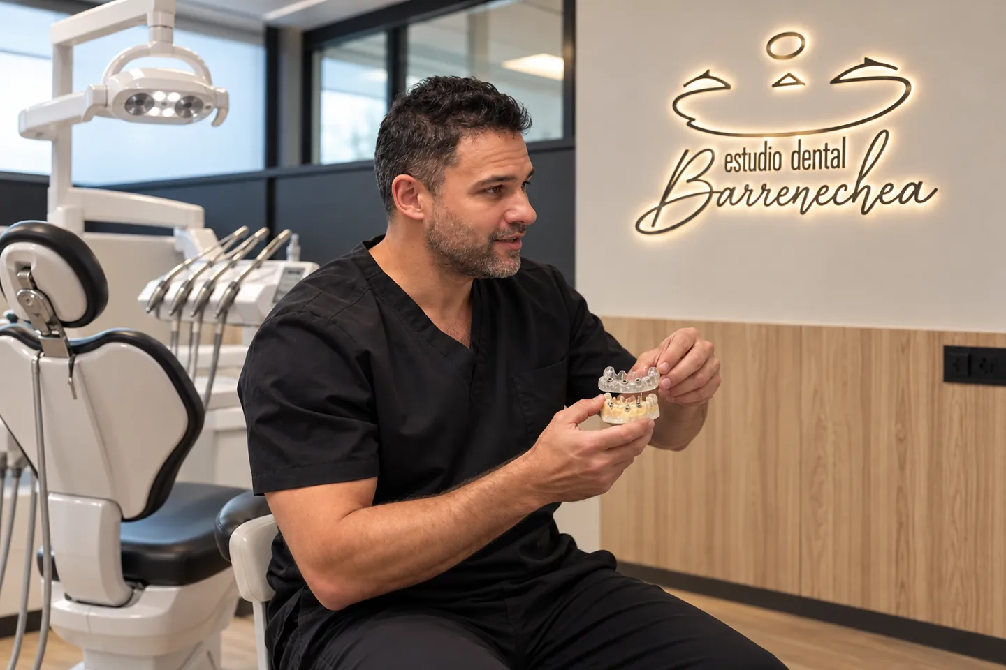 Ander Barrenechea muestra una guía quirúrgica sobre un modelo dental
