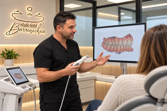 Ander mostrando un escáner intraoral y un modelo digital de dientes en Barrenechea