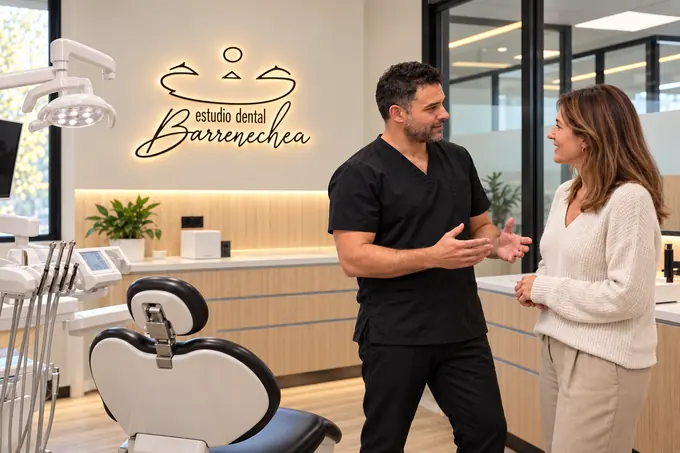 Ander conversando con una paciente junto al sillón dental y el logo iluminado de Barrenechea